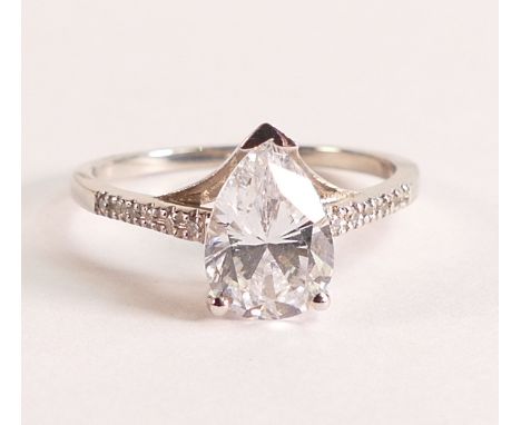 10ct White Gold Diamond shouldered Ring Stamped 10K - Large pear drop shaped CZ, Genuine Diamond Shoulders (tested), weight 2