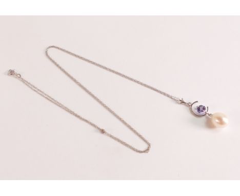 Pearl &amp; Tanzanite Pendant Necklace in 9ct 375 White Gold
Two gemstones, total 4.5 ct.  Solid 9ct white gold (1.7 gr total
