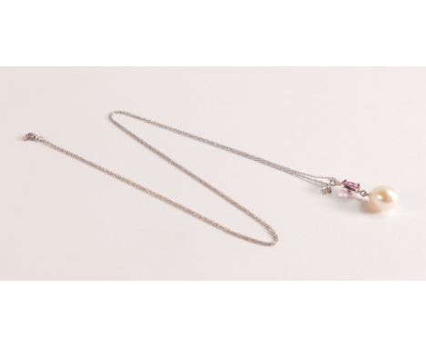 Pearl &amp; Pink Sapphire Pendant Necklace in 9ct 375 White Gold.  Two gemstones, total 4.5 ct.  Solid 9ct white gold (1.7 gr