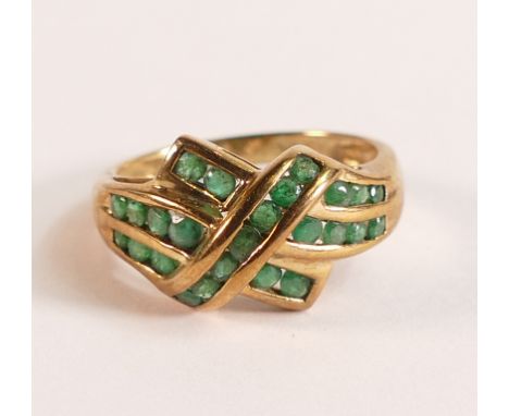 9ct Gold and Emerald Cross Over Ring - There are twenty five brilliant cut natural Emeralds, measuring from 1.4mm to 1.7mm.  