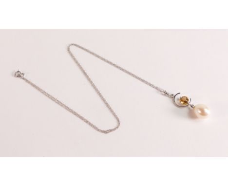 Pearl &amp; Citrine Pendant Necklace in 9ct 375 White Gold.  Two gemstones, total 4.5 ct.  Solid 9ct white gold (1.7 gr total
