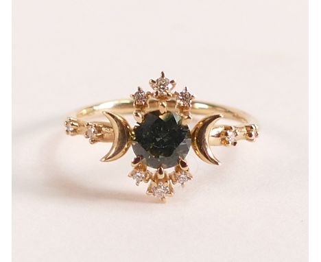 14ct yellow gold diamond and topaz ring - Ring size H.  Brilliant cut Topaz 4.9mm.  Ten brilliant cut white diamonds, approx 