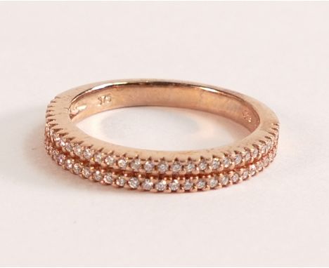 9ct Rose Gold Two Row Diamond Ring
The 9ct Rose Gold ring shank is stamped 375
There are sixty brilliant cut white diamonds d