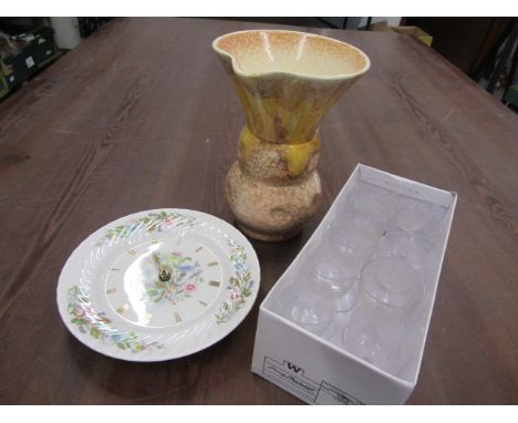Sylvac jug, Aynsley clock and set of vintage sherry glasses