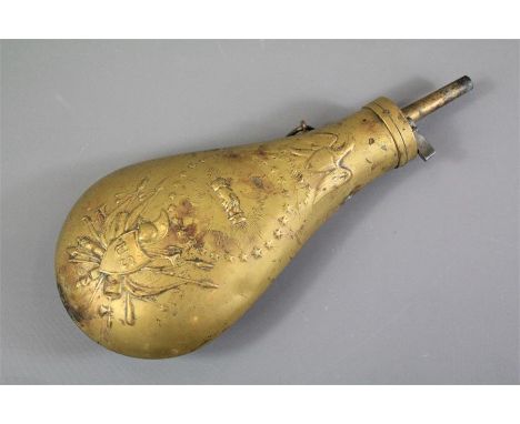 An American Civil War Brass Reproduction 'Peace' Flask. The flask with shaking hands surrounded by stars representing the var