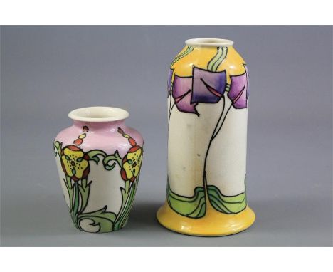 Minton Secessionist Ware Art Nouveau Ceramic Vases. The first vase tube lined yellow and cream ground with stylised purple fl