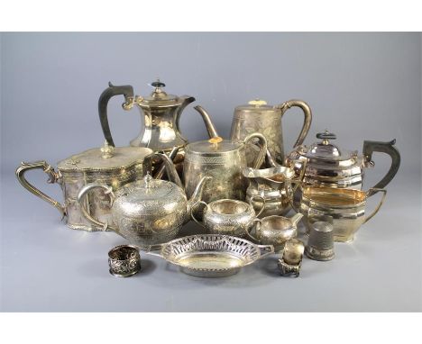 A Quantity of Silver Plate. The lot includes teapot, coffee pot, milk jug, caddy teapot, sugar bowl, thimble tot napkin ring,