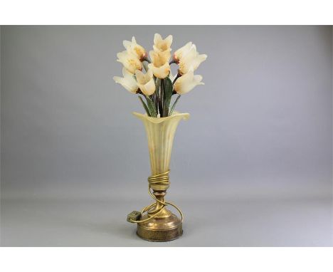 A Continental Decorative Table Lamp. The brass and glass lamp in the form of a vase of flowers, each blossom an individual bu