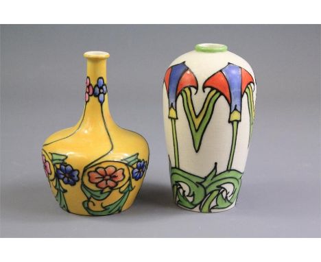Minton Secessionist Ware Art Nouveau Ceramic Vases. The first vase tube lined cream ground with green, blue and red stylised 
