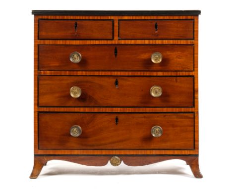 A Georgian style mahogany and ebony strung miniature apprentice's chest: containing two short and three long graduated drawer