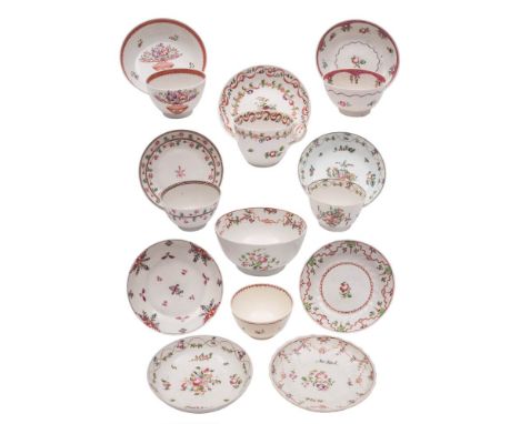 A group of New Hall famille rose hardpaste porcelain: painted in Chinese export style with floral and ribbon garlands, pink s