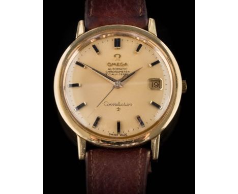 Omega. An 18ct gold cased Omega automatic chronometer constellation wristwatch circa 1968: the dial with black baton markers 