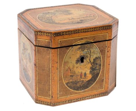 A 19th century  tea caddy: of rectangular outline, the hinged lid with polychrome transfer Italianate vista decoration, enclo