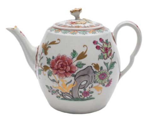 A rare First Period Worcester famille rose teapot and cover: of barrel shape with fluted spout, ear-shaped handle and bud fin