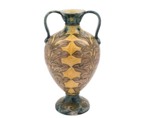 A Della Robbia pottery two handled vase: of footed oviform with flaring neck incised with four large leafy fronds and Art Nou