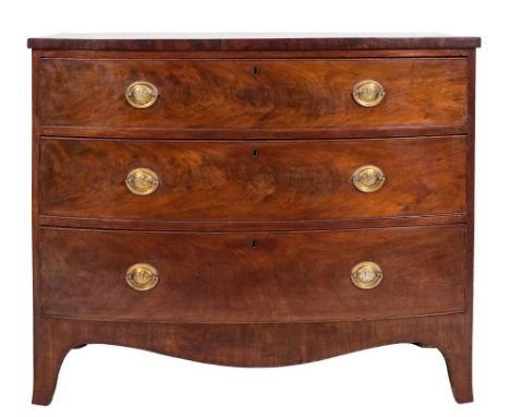 An early 19th Century mahogany bow-fronted chest:, containing three long drawers, on splayed bracket feet, 108cm (3ft 6 1/2in