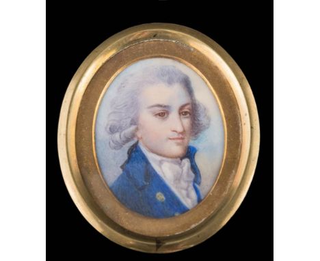 English School 18th Century-A miniature portrait of a gentleman,: bust-length wearing full wig and a red silk jacket with blu