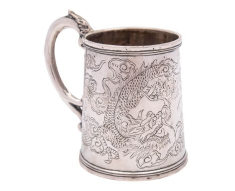 A Chinese silver christening mug, maker Hung Chong, Shanghai: initialled, of cylindrical tapering form with engraved decorati