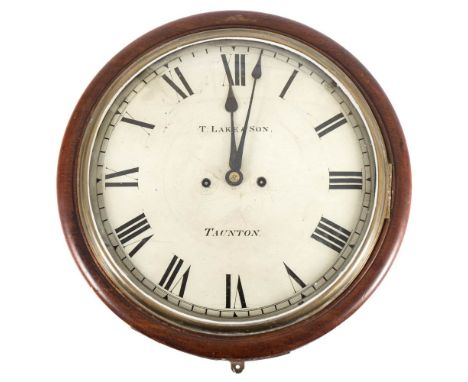 T. Lake & Son, Taunton, a striking wall clock: the double fusee, eight-day duration, five-pillar movement striking the hours 