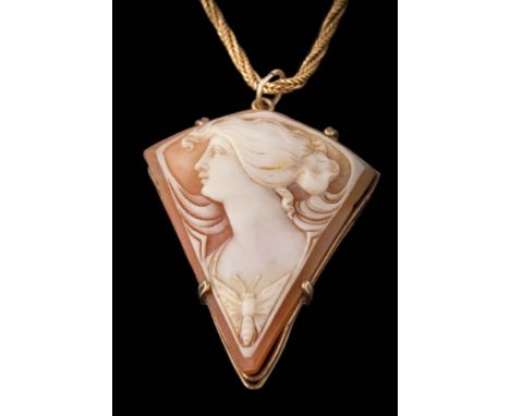 A triangular shell cameo portrait pendant: suspended from a rope-twist chain necklace with applied plaque stamped '750', appr