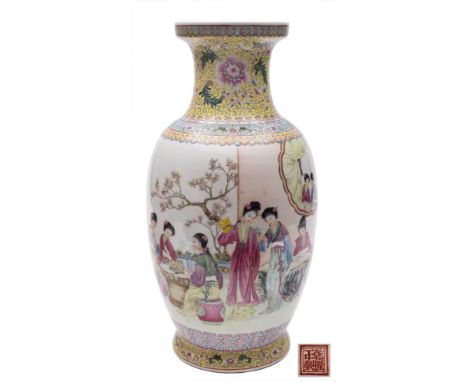 A Chinese famille rose vase: of ovoid form with waisted neck, painted with a terrace scene with ladies playing a board game a