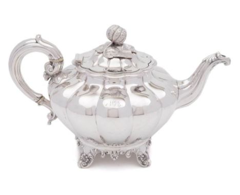 A Victorian silver teapot, maker A.B.Savory &amp; Sons, London, 1864: initialled, of squat melon-shaped outline, the domed hi