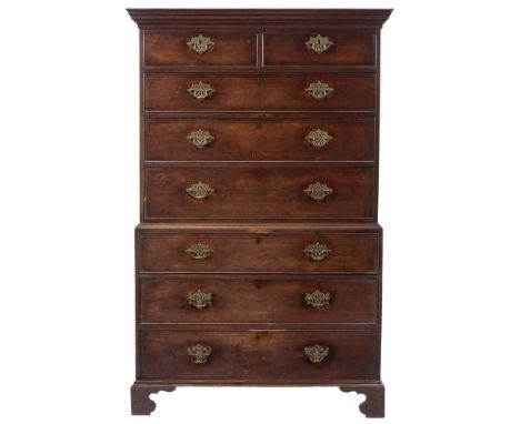 A George III mahogany tallboy:, the upper part with a moulded cornice, containing two short and three long drawers, the lower