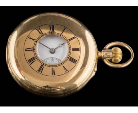 A gentleman's 18ct gold half-hunter pocket watch: the circular white enamel dial 40mm diameter, with Roman numerals and subsi