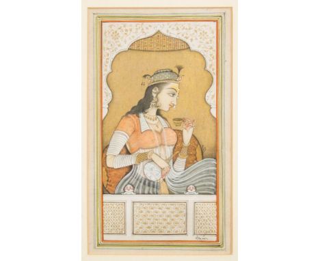 A Mughal School painting: depicting a courtesan with ewer and cup framed in an arched window, indistinctly signed, 18 x 10cm.