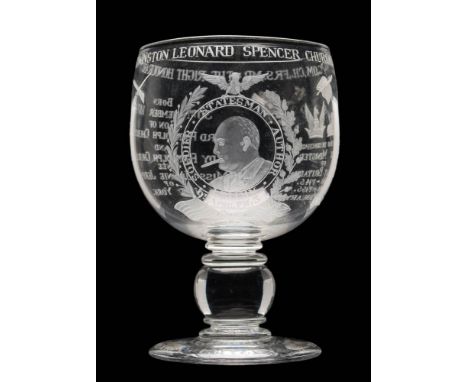 A Royal Brierley Commemorative Winston Churchill glass goblet: the bowl extensively engraved by Tom Jones with a portrait and