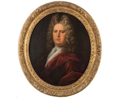 Manner of William Wissing, 18th Century-Portrait of a gentleman, bust-length,:-wearing a full wig, white cravat and red velve