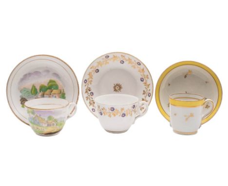 A New Hall bone china teacup and saucer, one similar and a hardpaste coffee cup and saucer: the first decorated with coloured