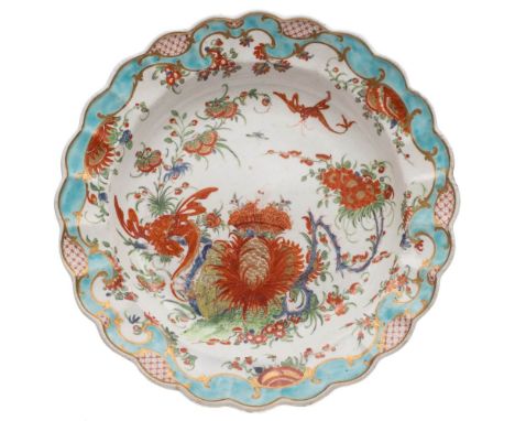 A single owner collection of First Period Worcester porcelain.A First Period Worcester Jabberwocky-pattern lobed dessert dish