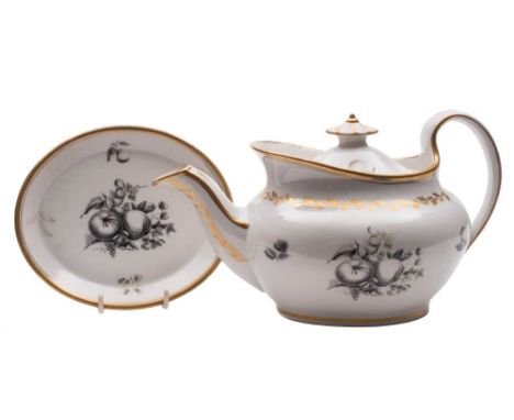 An unusual Newhall hardpaste teapot, cover and stand, inscribed 'E.Cotton, Edinboro': of oval helmet shape, bat printed in bl