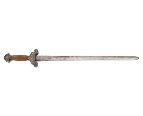 A Chinese Jian sword: with 58cm. double-edged steel blade, with turn-down silver mounted quillion decorated with trailing flo