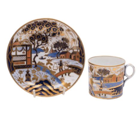 A New Hall bone china coffee can and saucer and two New Hall teabowls and saucers: the first decorated in the Imari palette w