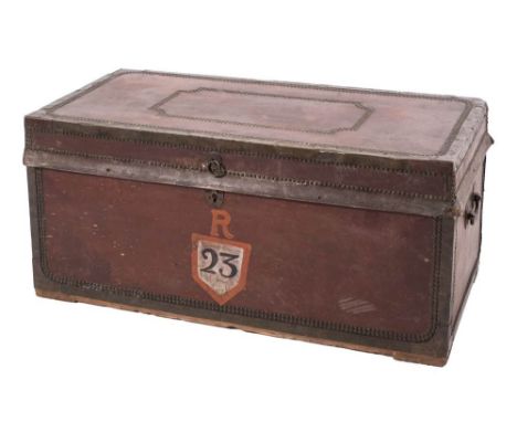 A 19th century camphorwood and leather and brass mounted rectangular trunk,: brass banded and studded and with carrying handl
