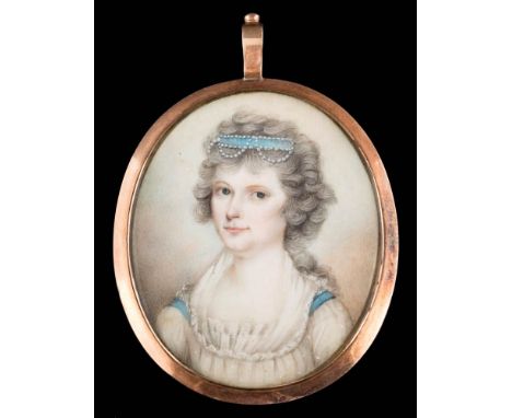 English School late 18th Century-A miniature portrait of a lady,: head and shoulders, with long curling powdered hair dressed