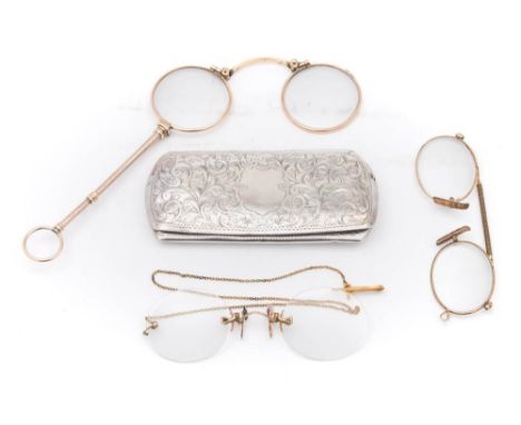 A pair of gilt rimmed spectacles contained in a silver case:, a pair of gold mounted pince nez and a gilt rimmed lorgnette (3