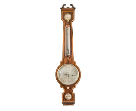J King and Son, Bristol a late-Georgian wheel barometer: the mahogany case with a swan-neck pediment and having a hygrometer,