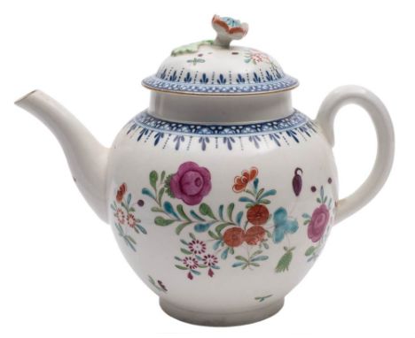 A First Period Worcester teapot and cover: of globular form, the domed cover with flower knop, painted in the compagie des in