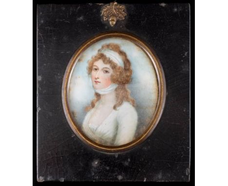 English School -A miniature portrait of Lady Mary Wortley Montague,: bust-length with long curling fair hair and wearing a ge