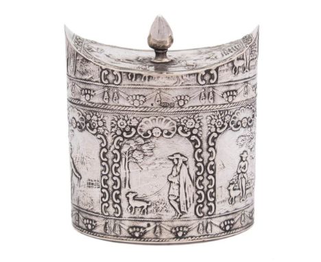 A 19th century Dutch silver tea caddy, bears import marks for Chester, 1904: of oval outline with hinged lid, the sides with 