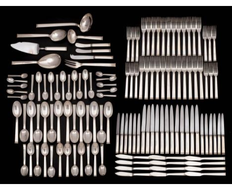 An extensive Elizabeth II silver Commodore pattern flatware service, maker Christofle, London, 2005: includes twelve table fo