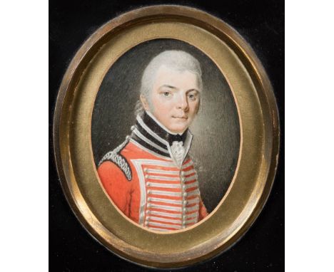 Attributed to Edward Pugh [1760-1830]-A miniature portrait of an officer said to be Dr Taunton at 21 years,:-head and shoulde