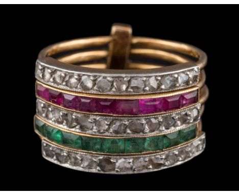 A diamond, ruby and emerald multi-band dress ring: designed as three bands set with rose-cut diamonds, one band set with cali