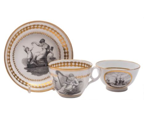 A Factory Z bat printed 'marine subject' teabowl and a New Hall bat printed tea cup and saucer: the first printed in black wi