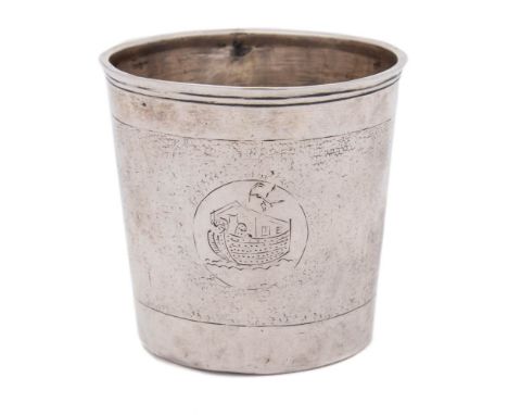 An 18th century Continental silver cup, unmarked: inscribed 'HOS G.P.D 1738' of cylindrical tapering outline, 6cm. high, 59gm