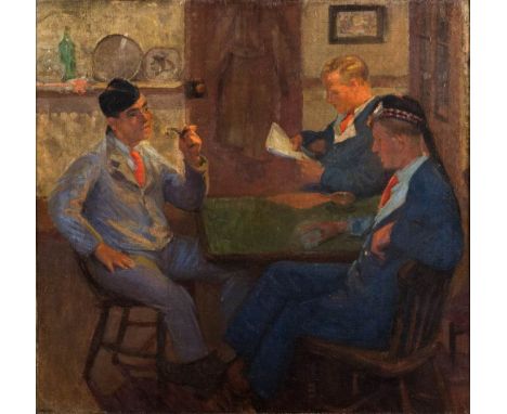 Attributed to Agnes E. Hope Joseph [early 20th Century]-Scottish soldiers relaxing in a Cornish Cottage interior, studio pott