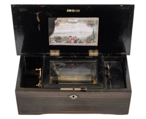 A 19th century Swiss musical box: playing six airs, with lever wound 9cm. cylinder, with tune indicator and photocopy song sh